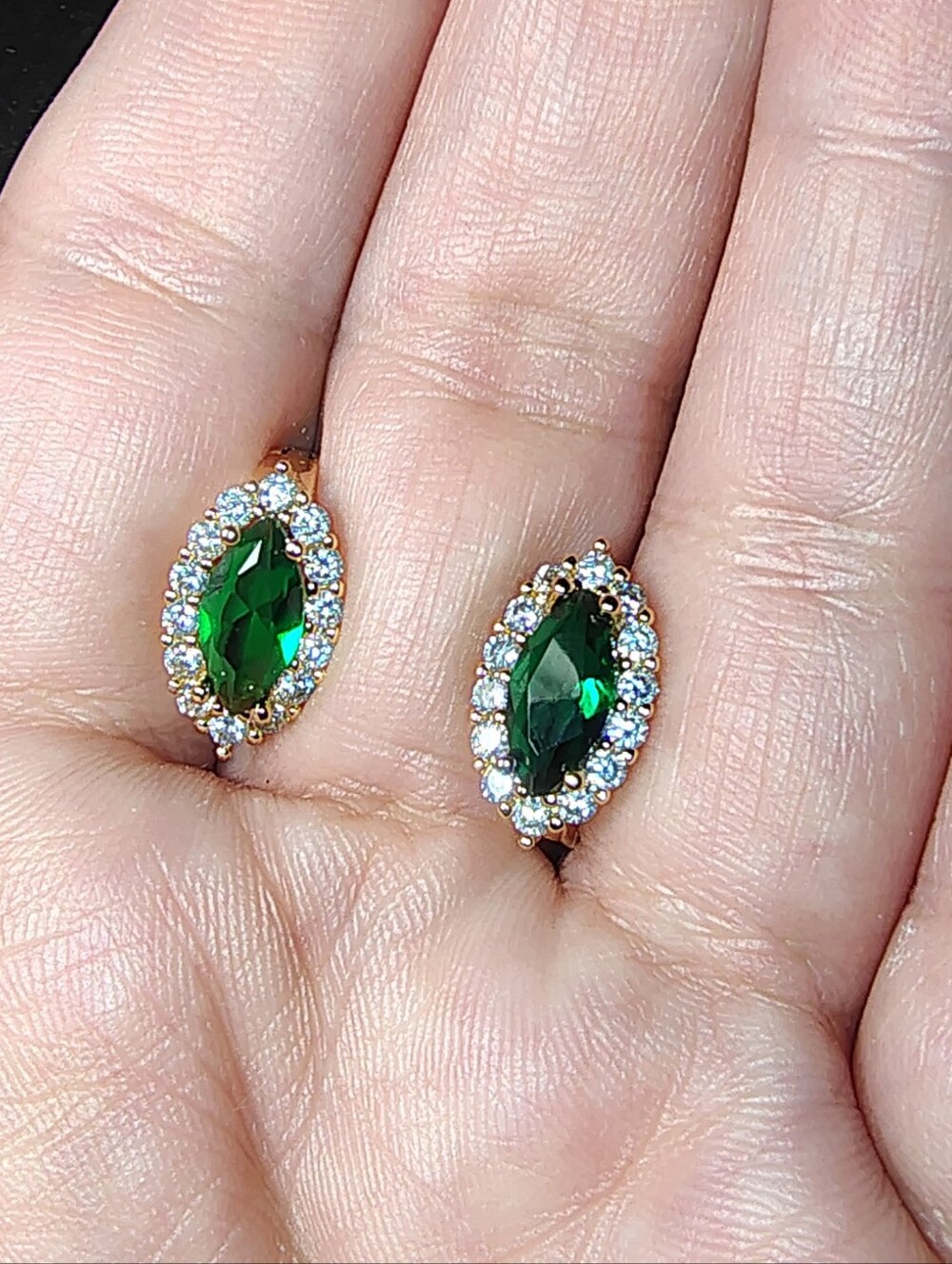 Oval Diamond Green Emerald Leverback Clasp Gold Tone Drop Earring Hypoallergenic